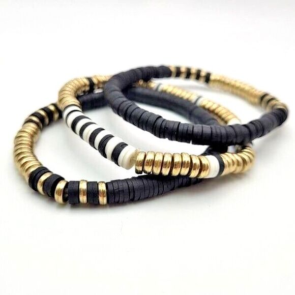 Three Piece Set of Clay Bead Stackable Stretch Bracelets Black White Gold - Picture 4 of 5